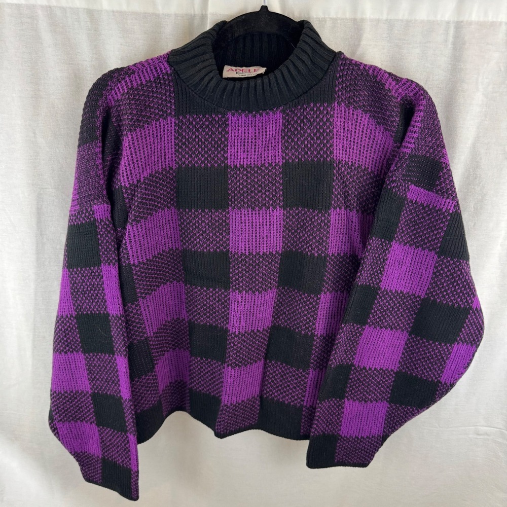 80s Vintage Adele Knitwear Purple Black Plaid Mock Neck‎ Sweater Women's
